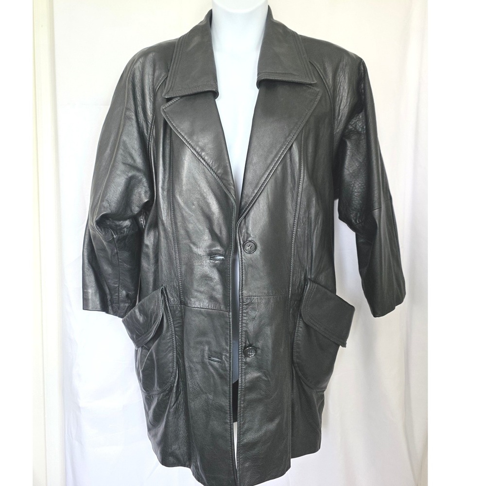 Vintage Soft Leather Trench Coat Black Longline Jacket Oversized Pockets Size L